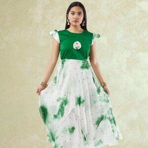 EthnoChic White and Green Shibori Layered Dress | Muvvas Boutique